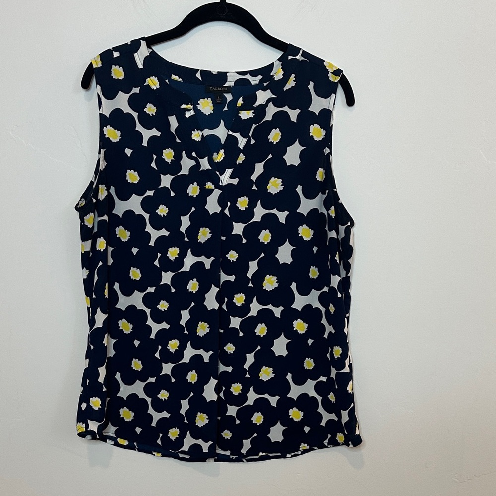 Talbots Navy and Yellow Floral Sleeveless V-Neck Blouse Size Large